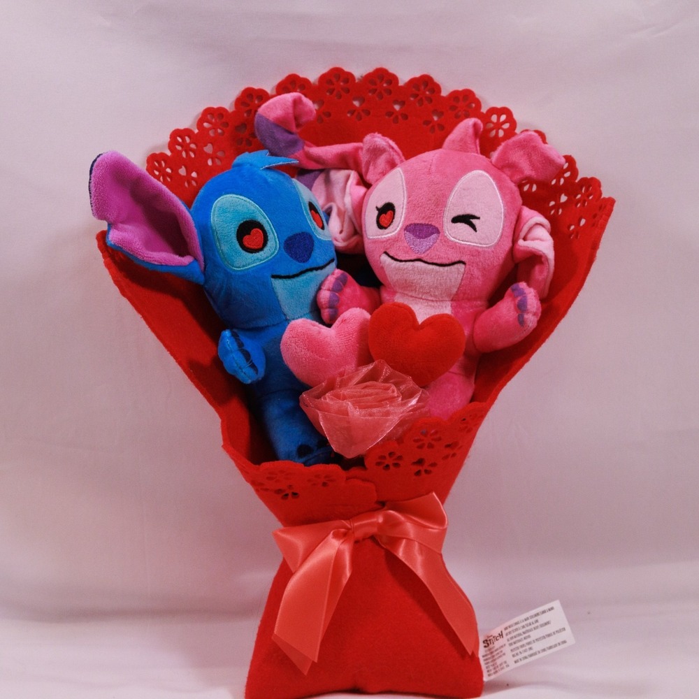 DISNEY Valentines Day Plush Bouquet STITCH & ANGEL 13" Red‎ Roses Love 2025 NEW